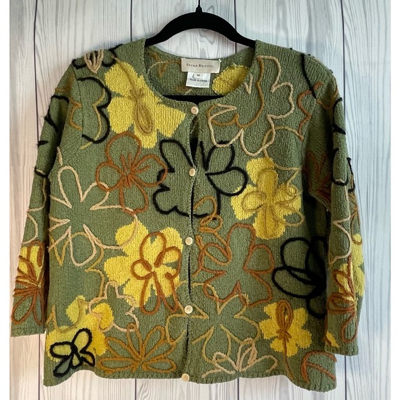 Vintage Rare Embroidered Susan Bristol Silk Blend Green Cardigan Size Med - Picture 1 of 6